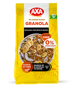 Granola with seeds, banana, coconut without sugar