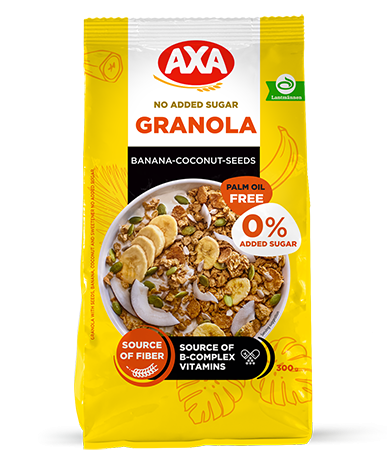 Granola with seeds, banana, coconut without sugar
